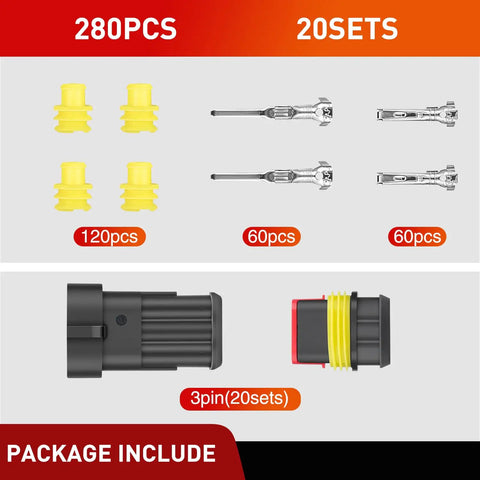 Image showing parts of 3 Pin Waterproof Electrical Connector Set for Cars, Trucks, Motorcycles and Marine Boats, 20 Sets.