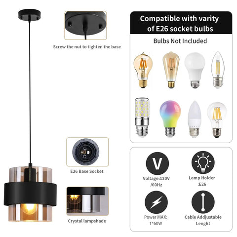 Matte Black Pendant Lights For Kitchen Island 7 Inch Adjustable Mini Glass Hanging Lights, bulb compatibility diagram