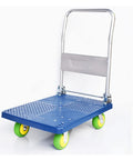 Heavy Duty Platform Cart With Smooth Rollin Wheels And Quick Fold Metal Handle For No Sweat Living Room Moves And Warehouse Grind Supporting Up to 660 Pounds, blue deck with green wheels.