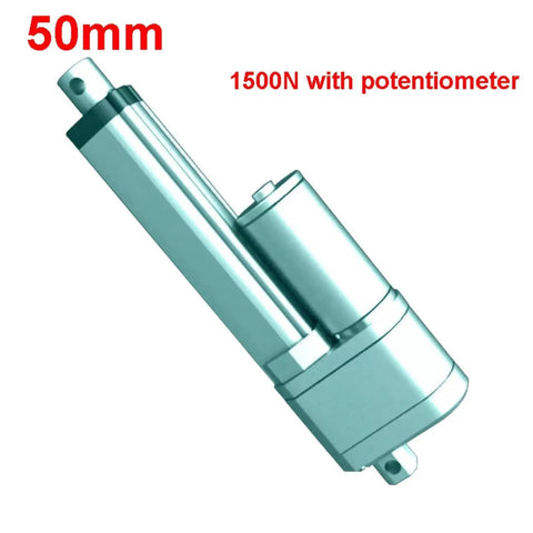 Built Tough Electric Linear Actuator Featuring Inline Safety Brake, 50mm Travel Stroke, 1500N force with potentiometer visible at angle.