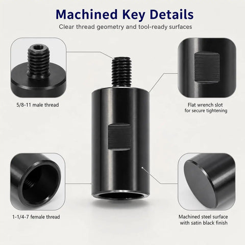 Heavy Duty Hardened Steel Core Drill Thread Adapter That Pulls Off A Smooth Swap From One Inch And Quarter Female To Five Eighths Male Threads, showing machined thread details.