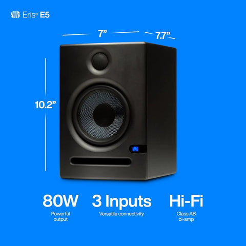 Two Way 5.25 Inch Near Field Studio Monitors With Silk Dome Tweeter And 80 Watt Class AB Power, front view with dimensions