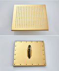 Slick Wall Mount Shower Kit With Led Glow And Tub Spout Boasting Crisp Square Rainfall Head close-up view of gold rainfall showerhead with jets.