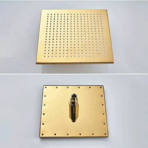 Slick Wall Mount Shower Kit With Led Glow And Tub Spout Boasting Crisp Square Rainfall Head close-up view of gold rainfall showerhead with jets.