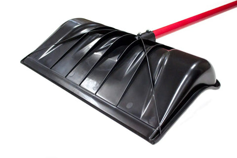 Red-handled Beast Of A Snow Shovel With Wide Scoop And Fiberglass D-Grip For Driveways featuring a black 22-inch blade.