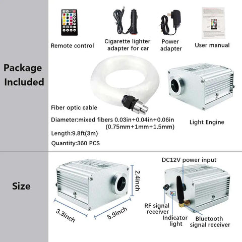 Starlight Fiber Optic Headliner Kit with 10W RGBW Lights, includes fiber optic cable, light engine, and remote control.