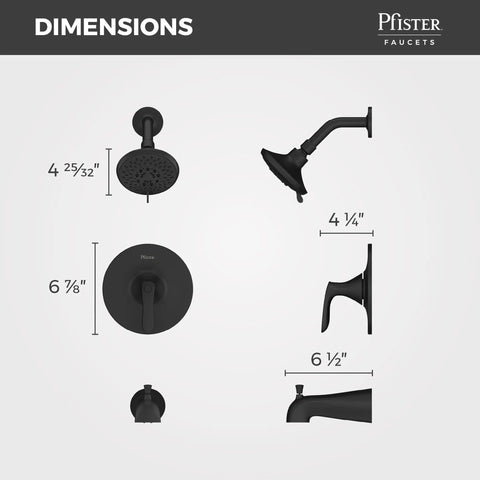 Dimensions of Single Handle Matte Black Shower Faucet Set With 5 Mode Multi Function Shower Head And Quick Connect Tub Spout