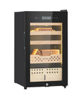 Front view of Dope Electric Cigar Humidor Cabinet With Compressor Cooling 70 liter capacity, showcasing Spanish cedar shelves and cigars.