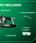 Kit includes Lightweight 23 Gauge Headless Pin Nailer For Cabinets Trim And Crafting, hex wrench, safety glasses, hard case.