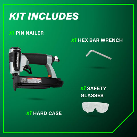 Kit includes Lightweight 23 Gauge Headless Pin Nailer For Cabinets Trim And Crafting, hex wrench, safety glasses, hard case.