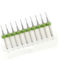 Carbide Micro PCB Drill Bit Set For Circuit Board Repair And Rework, Ten Piece Kit With Nine Sizes From 0.1mm To 1.4mm, 1/8 Inch Round Shank displayed in a row with green caps.