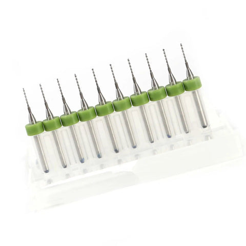 Carbide Micro PCB Drill Bit Set For Circuit Board Repair And Rework, Ten Piece Kit With Nine Sizes From 0.1mm To 1.4mm, 1/8 Inch Round Shank displayed in a row with green caps.