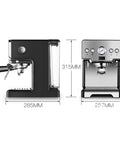 This Semi Automatic Espresso Machine Delivers 15 Bar Pressure Italian Style Coffee Maker With A Bright Led Screen Professional Steam Wand And Large Water Tank Brew Like A Boss At Home For Hit Different Morning Coffee Routine side and front view with dimensions in millimeters.