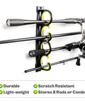 Wall Mount Fishing Rod Rack For Garage And Shop, No Fuss Install Horizontal Or Ceiling Mount, Rubber Coated Rod Holders, Holds Up To 8 Rods Or Combos displayed with fishing rods