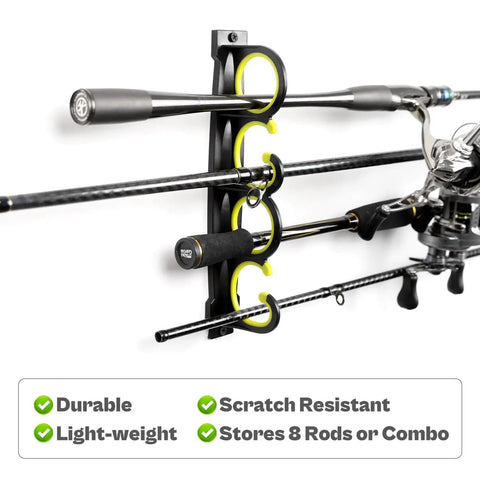 Wall Mount Fishing Rod Rack For Garage And Shop, No Fuss Install Horizontal Or Ceiling Mount, Rubber Coated Rod Holders, Holds Up To 8 Rods Or Combos displayed with fishing rods