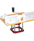 Premium Rock Solid Aluminum Router Lift Kit For Woodworking Tables Featuring Smooth 54 Mm Micro Adjustment and Complete Fence Insert Plate Hardware Setup, showing detailed mechanism.