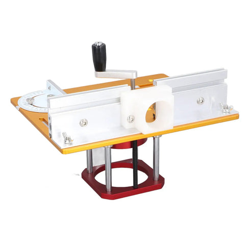 Premium Rock Solid Aluminum Router Lift Kit For Woodworking Tables Featuring Smooth 54 Mm Micro Adjustment and Complete Fence Insert Plate Hardware Setup, showing detailed mechanism.