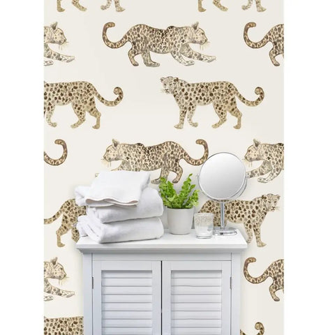 Clean Leopard Print Neutral Vinyl Wall Covering Featuring A Slick Leather Texture And Top Shelf Commercial Durability For Your Next Epic Home Upgrade Now, beige leopard pattern on wall with towels and decor.