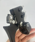 Close-up of Dual Brake Lever for Cantilever or Caliper Brakes, black aluminum and steel, fits seven eighths inch bars.