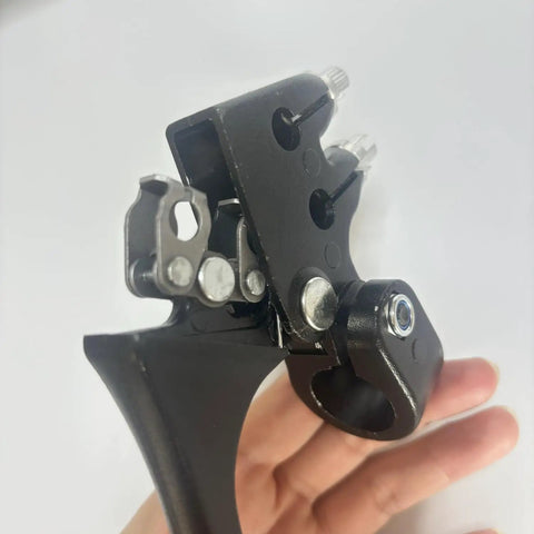 Close-up of Dual Brake Lever for Cantilever or Caliper Brakes, black aluminum and steel, fits seven eighths inch bars.