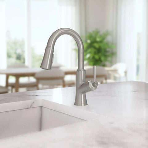 hansgrohe Joleena Pull Down Kitchen Faucet, Transitional, Magnetic Hand Sprayer, 1-Handle, 1.75 GPM, Stainless Steel Optic, 04112800 on kitchen sink.