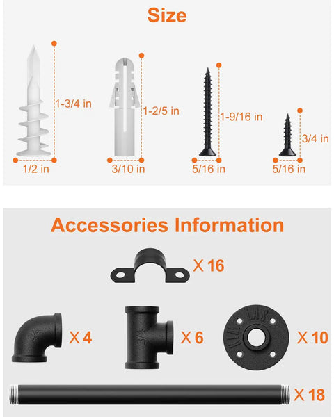 Accessories for Industrial Pipe Shelving Kit 55 Inch Tall 5 Tier DIY Wall Mounted System, including screws and pipe fittings.
