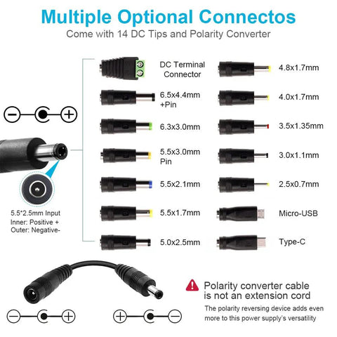 Multiple optional connectors included with No-Brainer 72W Adjustable DC Power Supply 3V To 24V With LED Display.