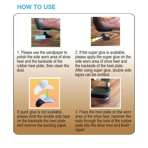 Six Pairs Rubber Heel Plates Repair Kit For Mens Leather Shoes And Womens Thick Heels Includes Double Sided Tape Sandpaper And Replacement Patches Durable Easy Install usage instructions