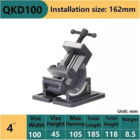 Heavy Duty 4 Inch Precision Milling Vise With Tilting Guide Rod And Adjustable Angle Bench Clamp For Metalworking Jobs And Surface Grinder Work Dead On Accuracy on black base with specifications visible.