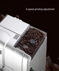 Fully Automatic Espresso Coffee Maker With Built In Conical Burr Grinder Six Fresh Grind Settings For Bold Smooth Pulls 19 Bar Pump Pressure 1300 Watt High Power Real Deal Frothing System with coffee beans.
