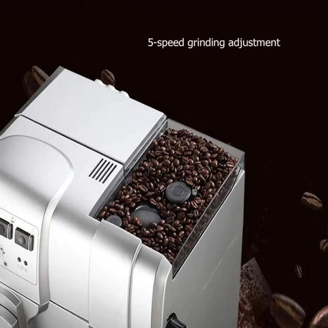 Fully Automatic Espresso Coffee Maker With Built In Conical Burr Grinder Six Fresh Grind Settings For Bold Smooth Pulls 19 Bar Pump Pressure 1300 Watt High Power Real Deal Frothing System with coffee beans.