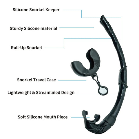 Roll Up Snorkel With Compact Organizer And Portable Mesh Bag For Scuba Diving Spearfishing Freediving And Snorkeling Food Grade Silicone Grommet Universal Fit showcasing silicone design and travel case.