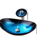 Slick Oval Blue Glass Vessel Sink 22x14 Inch With Waterfall Faucet And Pop Up Drain Tempered Glass Basin Top Mount Bathroom Sink Boat Shape Design For Apartment Bathrooms Vanities, showing dimensions.