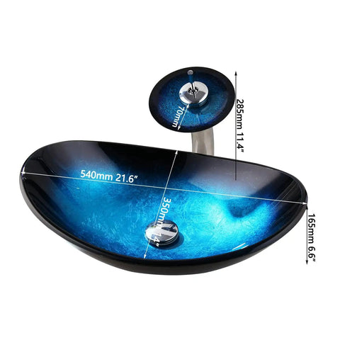 Slick Oval Blue Glass Vessel Sink 22x14 Inch With Waterfall Faucet And Pop Up Drain Tempered Glass Basin Top Mount Bathroom Sink Boat Shape Design For Apartment Bathrooms Vanities, showing dimensions.