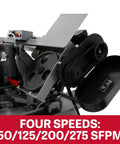 Badass 10 X 18 Inch Metal Cutting Dual Miter Horizontal Band Saw Featuring 2Hp 230V One Phase Motor showing four speed options.