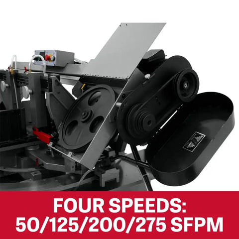 Badass 10 X 18 Inch Metal Cutting Dual Miter Horizontal Band Saw Featuring 2Hp 230V One Phase Motor showing four speed options.
