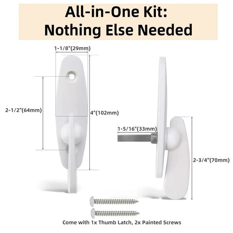 Heavy Duty White Gliding Door Thumb Latch Replacement For Andersen Patio Doors with size dimensions and two screws.