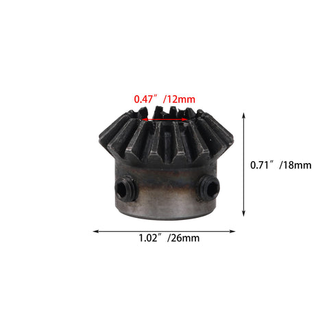 Tapered Bevel Pinion Gear With 12mm Hole Diameter, 45 Steel, 1.5 Module, 16 Teeth, front view showing measurements.
