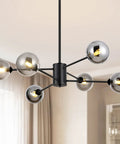 Six Light Black Glass Globe Sputnik Chandelier in modern living room setting