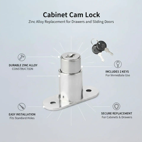 Sleek Silver Zinc Alloy Cam Lock For Cabinets Drawers And Sliding Doors Compact Replacement Hardware With Two Keys