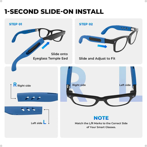 Installation steps for Silicone Eyeglass Ear Grips For Ray Ban Meta Smart Glasses Gen 1 And Gen 2, blue version.