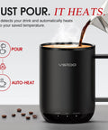 Smart Self Heating Coffee Mug With 14 Oz Size And Intelligent AI Heat Control To Keep Your Morning Brew Piping Hot All Day Long Without Any Manual Hassle For A Total Daily Flex being poured with coffee.