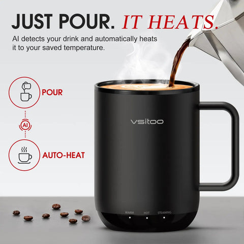 Smart Self Heating Coffee Mug With 14 Oz Size And Intelligent AI Heat Control To Keep Your Morning Brew Piping Hot All Day Long Without Any Manual Hassle For A Total Daily Flex being poured with coffee.