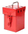 Heavy Duty Industrial Lockout Lock Box Featuring Grab And Go Group Safety Stash For Tags And Hasps Secure On Site Padlock Storage view side angle.
