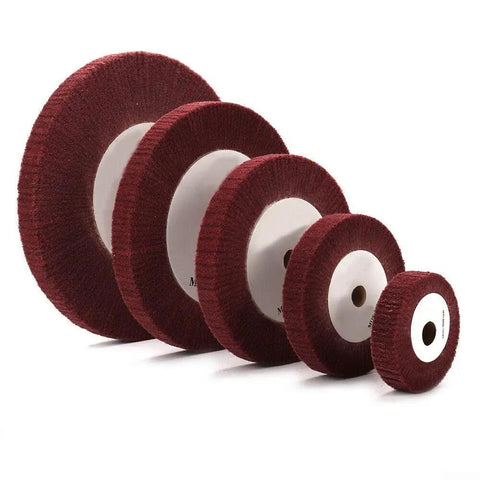 Premium Non-Woven Flap Wheel 320 Grit Nylon Fiber Polishing Disc For Foredom Tools in various sizes for metal wood polishing.