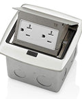 Pop Up Floor Box With 20 Amp Tamper Resistant Outlet Brushed Nickel PFTR2 BN Low Profile Recessed Cover Easy Prewired Terminal Block Installation For Home Office Or Commercial Floors, shown open with brushed nickel finish.