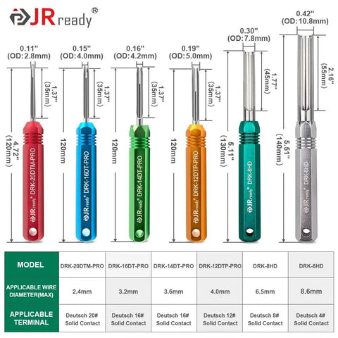 25 Piece ST2173 Deutsch Connector Tool Kit With ACT HDT Crimp Tool, showing pin removal tools with size specifications.