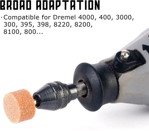 Hassle Free Keyless Mini Drill Chuck Designed For Lightning Quick Swaps on rotary grinder with brown sanding drum attached.