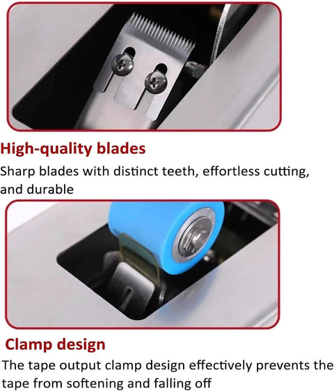 Close-up of handy manual tape dispenser sealer for cardboard boxes showing sharp blades and blue clamp design.