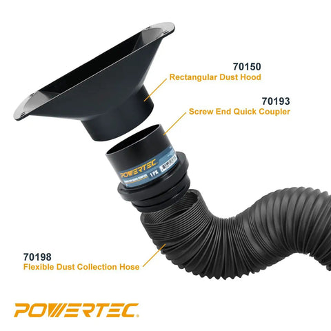 Rectangular Dust Hood for 4 Inch OD attachment shown with coupler and flexible hose for woodworking dust collection systems.